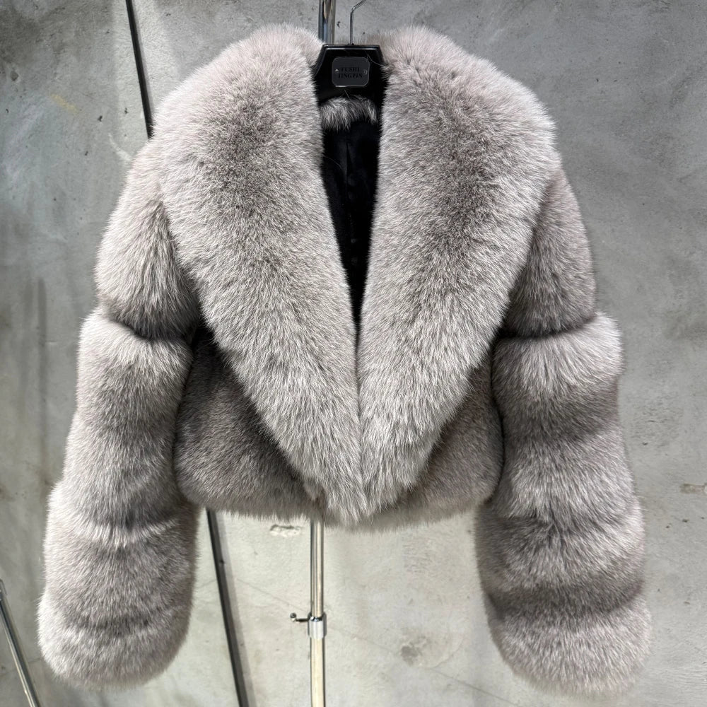 # Real Fox Fur Jacket Lady Real Fox Fur Coat Short Female Long Sleeve Natural Fur Cloth with Collar