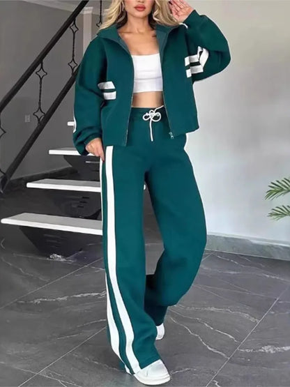 Fashion Long-sleeved Stand-up Collar Zipper Top + Wide-leg Pants 2-piece Set Women Autumn Striped Splicing Sport Suit...