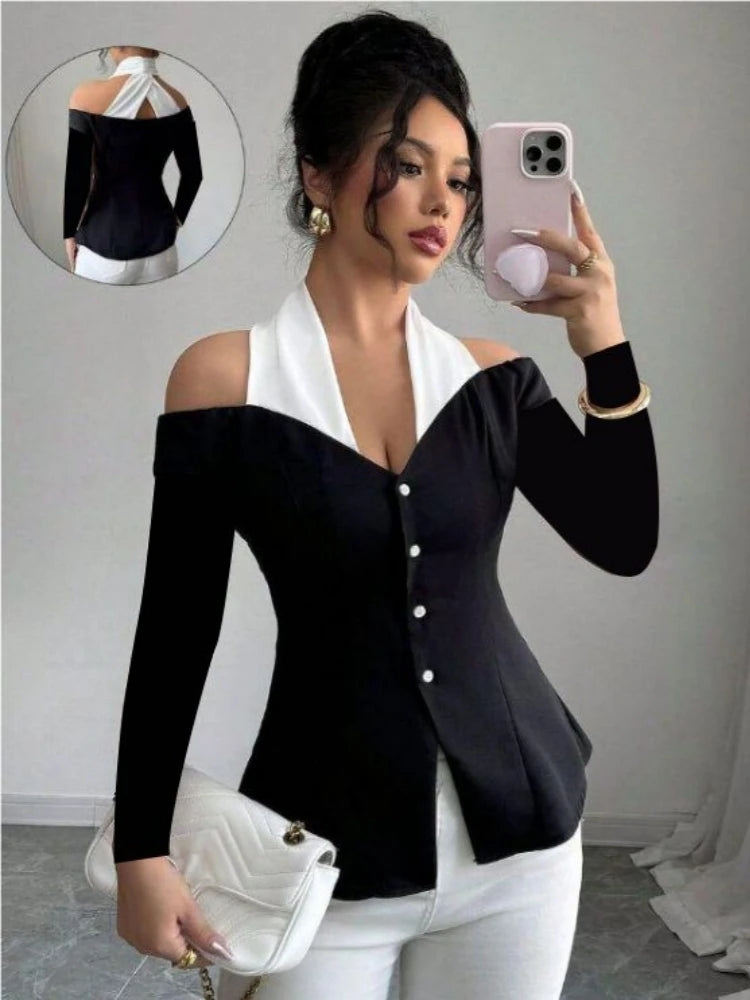 Women's Black White Contrast Off-Shoulder Top Halter Neckline Button Front Ideal for Evening Events Fashion-forward Outings - Kimlud