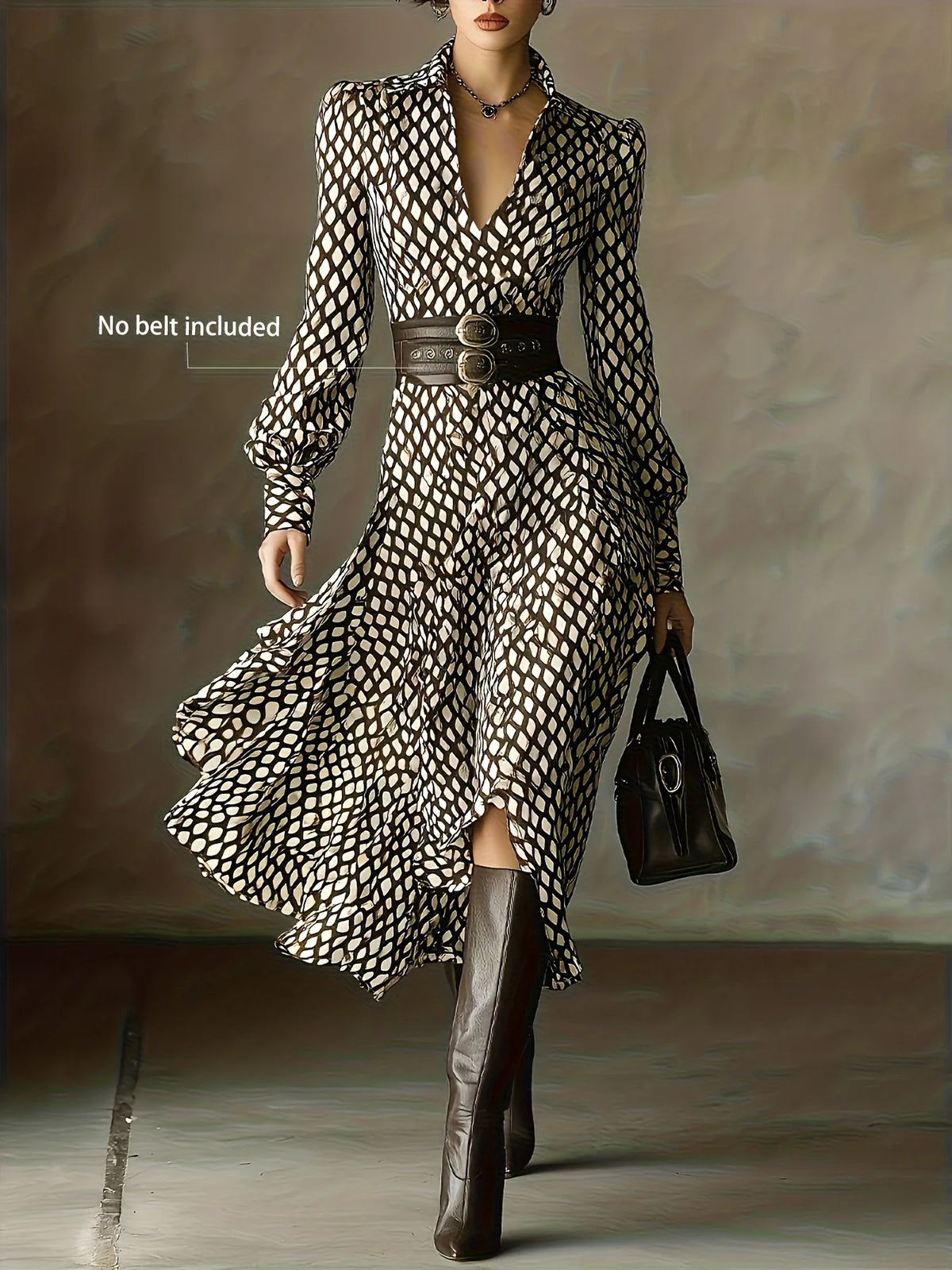 Lantern Long Sleeve Dress New Style Lapel Print Women's Long Sleeved Elegant Lapel Collar Dress Casual And Comfortable...