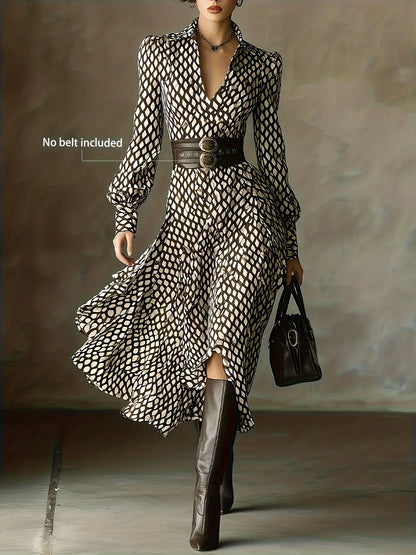Lantern Long Sleeve Dress New Style Lapel Print Women's Long Sleeved Elegant Lapel Collar Dress Casual And Comfortable...