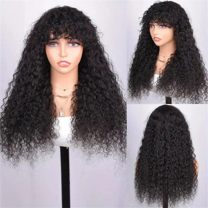 Curly Wig with Bangs Human Hair 180% Density Brazilian Virgin Deep Wave Wig Full Machine Made Glueless Bang Wigs for Black Women