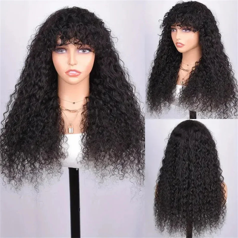 Curly Wig with Bangs Human Hair 180% Density Brazilian Virgin Deep Wave Wig Full Machine Made Glueless Bang Wigs for Black Women