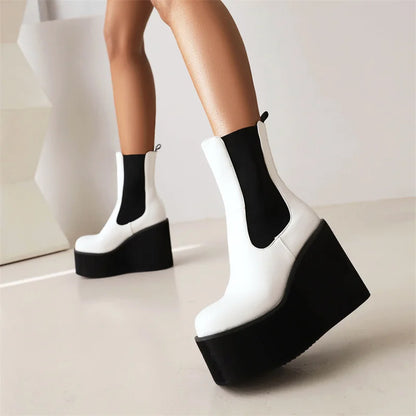 Platform Ankle Boots For Women Shoes Black White Wedges High Heels Gothic Boot Casual Autumn Winter Shoes Female Waterproof