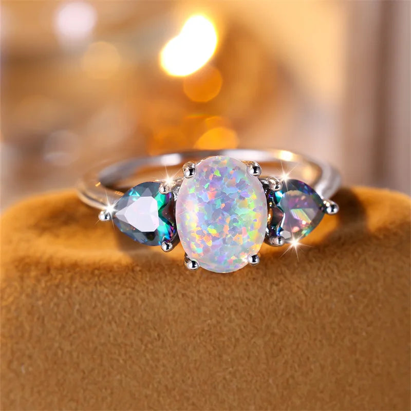 Oval Mystic White Fire Opal Rings For Women Silver Color Wedding Bands Rainbow Heart Zircon Engagement Party Jewelry Mother Gift