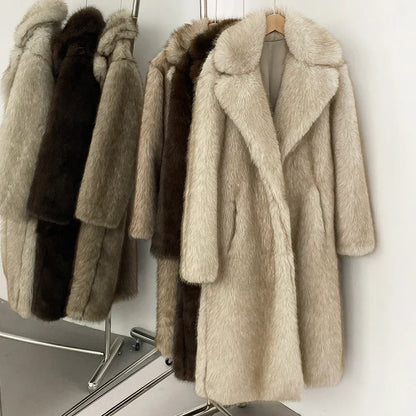 OFTBUY Long Faux Fur Jacket Fashion European Style Lapel Fur Coat Eco-friendly Covered Button Loose Casual Women Coats Winter