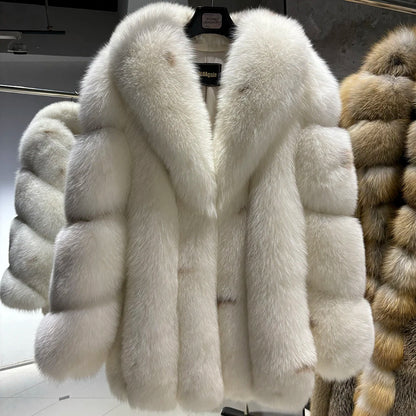 YOLOAgain Women's Luxury White Fox Fur Coat 2024 Winter Warm Real Fox Fur Jacket