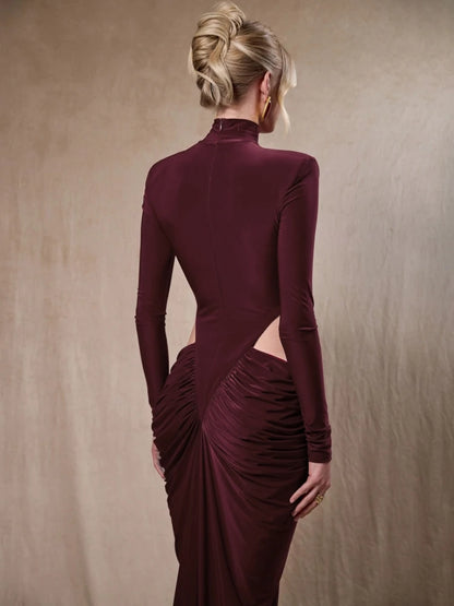 Sexy High Neck Waist Hollow Out Ruched Long Dresses for Women Long Sleeves Folds Bodycon Dress Evening Party Club Cocktail Gowns