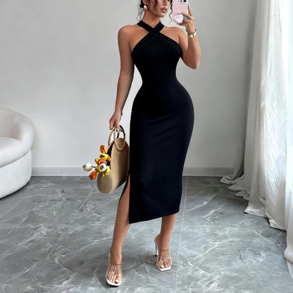 Women's Burgundy Halter Neck Sleeveless Stretchy Knit Bodycon Midi Dress Side Slit Elegant Summer Party Evening Dress Outfits