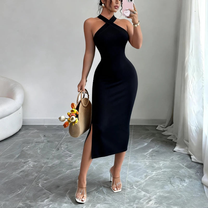 Women's Burgundy Halter Neck Sleeveless Stretchy Knit Bodycon Midi Dress Side Slit Elegant Summer Party Evening Dress Outfits