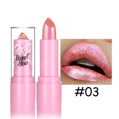Pink Luxurious Metallic Glitter Lipstick Lasting Waterproof Shimmery Pearl Sparkling Hydrating Lipstick Women Makeup Cosmetic