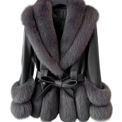 Faux Fur Coat for Women,Adjustable Waist Leather Jacket,Turn-down Collar, Thick Warm Clothes, High Quality, Autumn and Winter