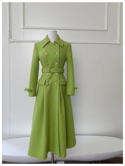 IEQJ Fashion Autumn Winter Green Woolen Coat Women Turn Down Collar Long Sleeves Double Breasted Sashes Slim Blends Coats New
