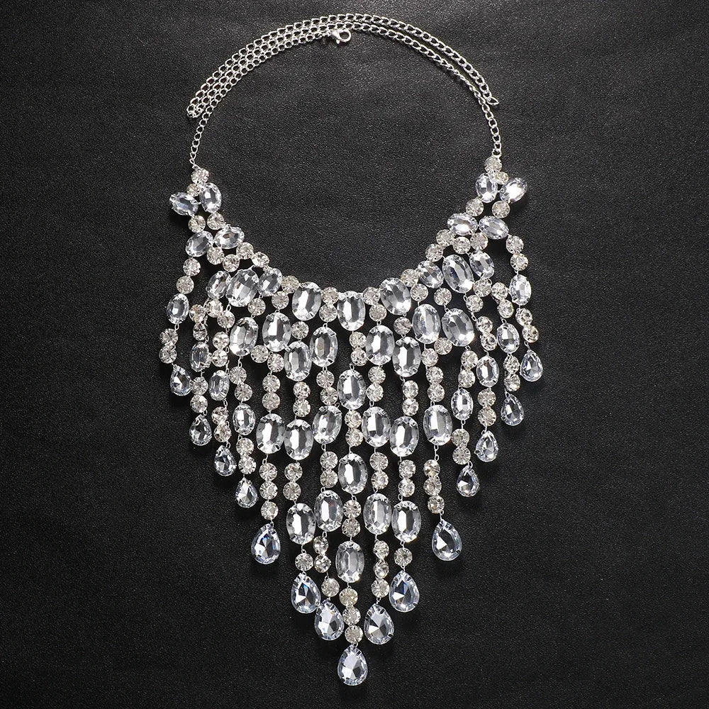 Exaggerated Big Necklace Crystal Women Luxury Statement Jewelry Rhinestone Fringe Tassel Choker Necklace Large Masquerade Gift