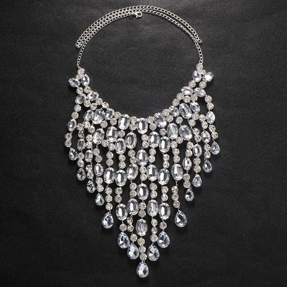 Exaggerated Big Necklace Crystal Women Luxury Statement Jewelry Rhinestone Fringe Tassel Choker Necklace Large Masquerade Gift