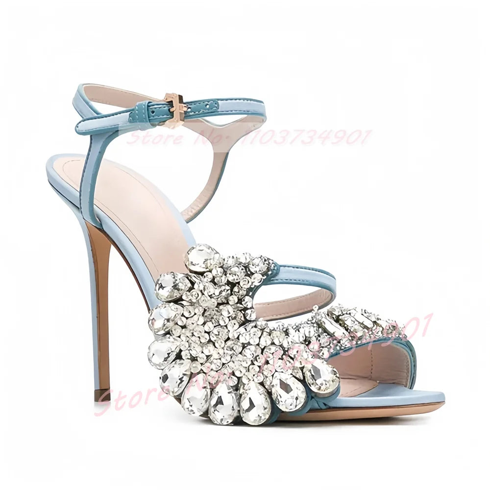Open Toe Crystals Flower Sandals Women Wedding Luxury Ankle Strap Round Toe Stiletto High Heels Shoes Lady Party Summer Sandals
