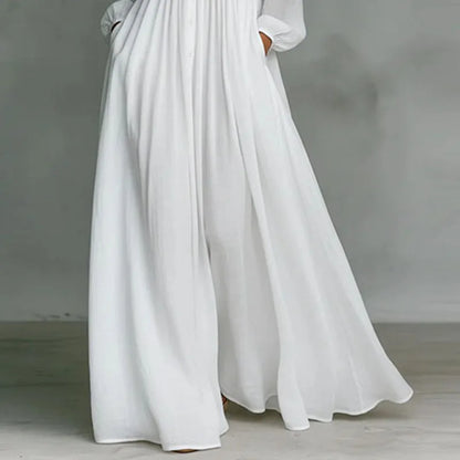 French Elegant High Waist Swing Long Dress Woman Spring Solid Pockets Pleated Maxi Dress Autumn Long Sleeve Button Evening Dress