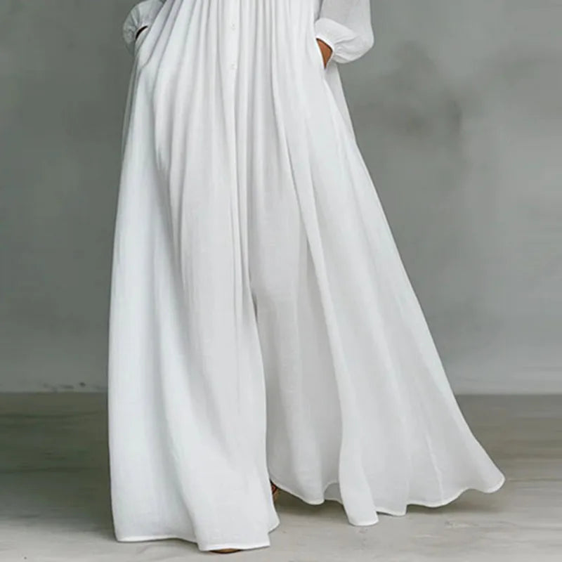 French Elegant High Waist Swing Long Dress Woman Spring Solid Pockets Pleated Maxi Dress Autumn Long Sleeve Button Evening Dress