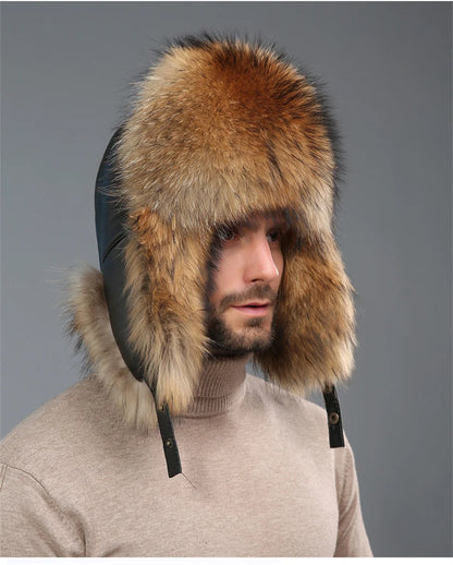 New Winter Men's 100% Real Silver Fox Fur Bomber Hat Raccoon Fur Ushanka Cap Trapper Russian Man Ski Hats Caps Real Leather Hat