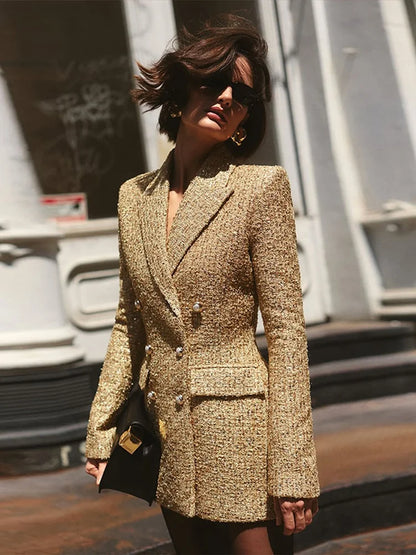 Elegant V-neck Sequin Blazer Women Double Breasted Full Sleeves Solid Slim Jackets Lady 2025 Autumn Formal Female Outwears New