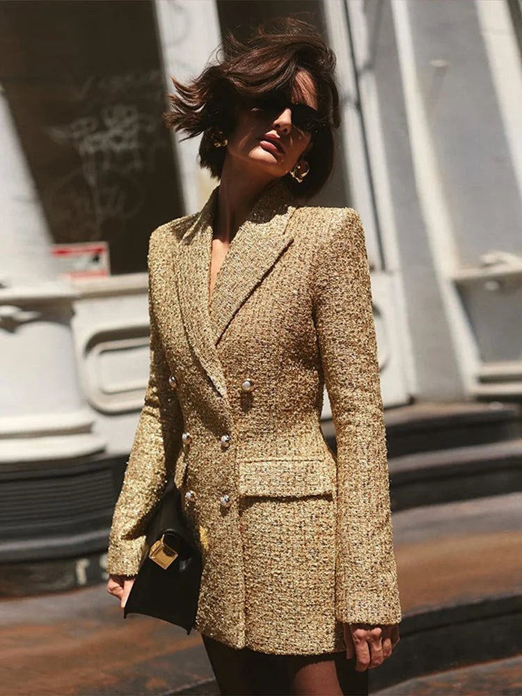 Elegant V-neck Sequin Blazer Women Double Breasted Full Sleeves Solid Slim Jackets Lady 2025 Autumn Formal Female Outwears New