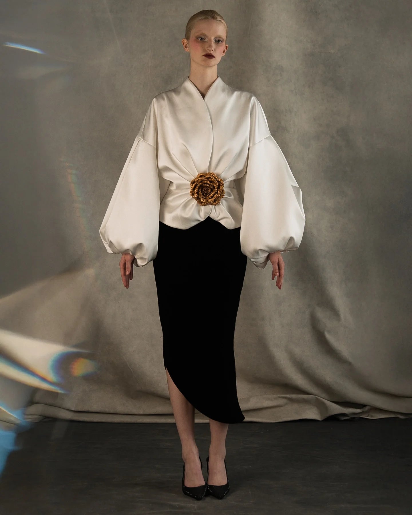 Chic Off White Top Women Suit Coat Silk Taffeta Bubble Sleeves Ladies Tops Blouse Custom Made Crop Jacket Formal Outfit Top