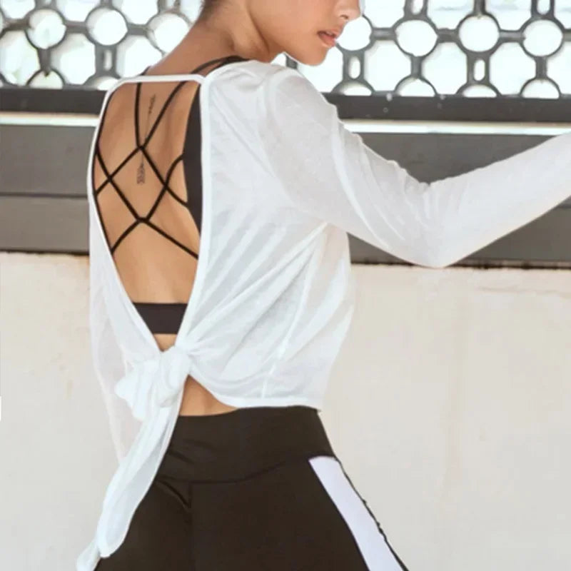 Cloud Hide SEXY Back Sports Cover-up Women Long Sleeve Cycling Shirt Yoga Top Fitness Running Workout Bra Cover up Sportswear - Kimlud