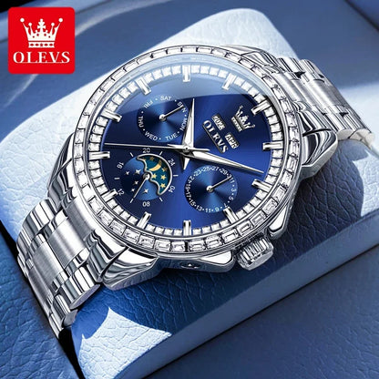 OLEVS 6695 NEW Men's Watches Full Multifunctional Dial Blue Leather Strap Calendar Week Moon Phase Waterproof Wristwatch...