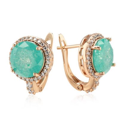 Kinel New Emerald Round Cut Zircon Drop Earrings for Women Luxury 585 Rose Gold Color Wedding Accessories Fine Daily Jewelry