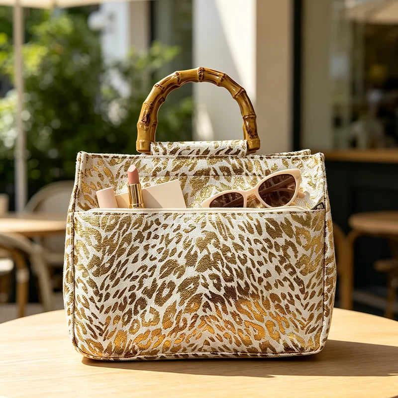 Retro gold-foil leopard print faux bamboo-handle women's tote bag, golden leopard pattern handbag | Kimlud Mid Range Bag