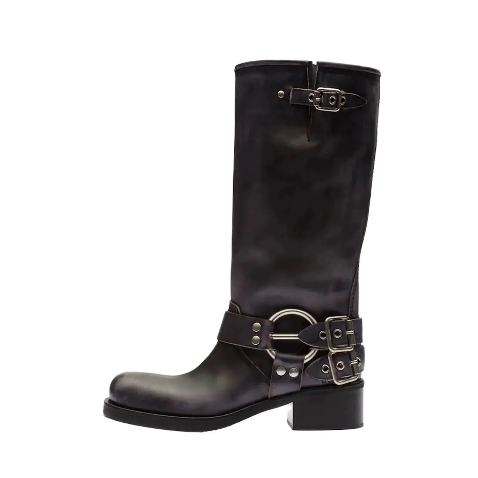 Arden Furtado 2025Autumn Brown Platform Motorcycle boots Round toe Belt buckle Slip-on Middle heel Knee high boots Western boots