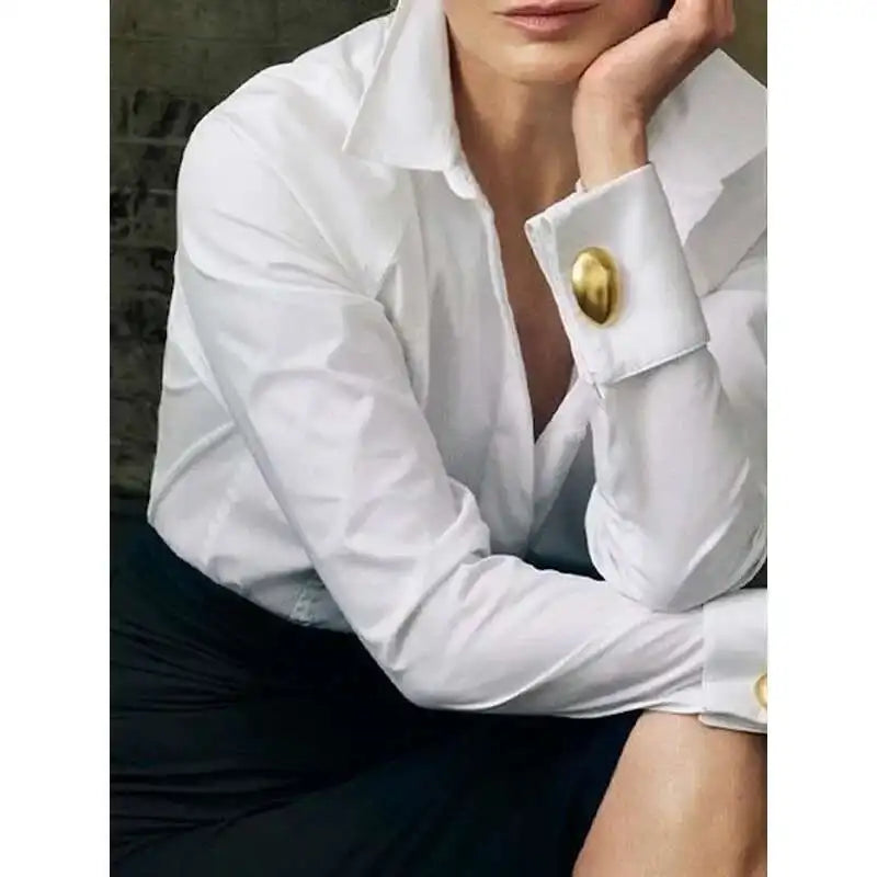 2025 Women's Shirts Office Lady Long Sleeves Solid Color Gold Button Spring Summer Classic Shirt Blouse Woman Clothing