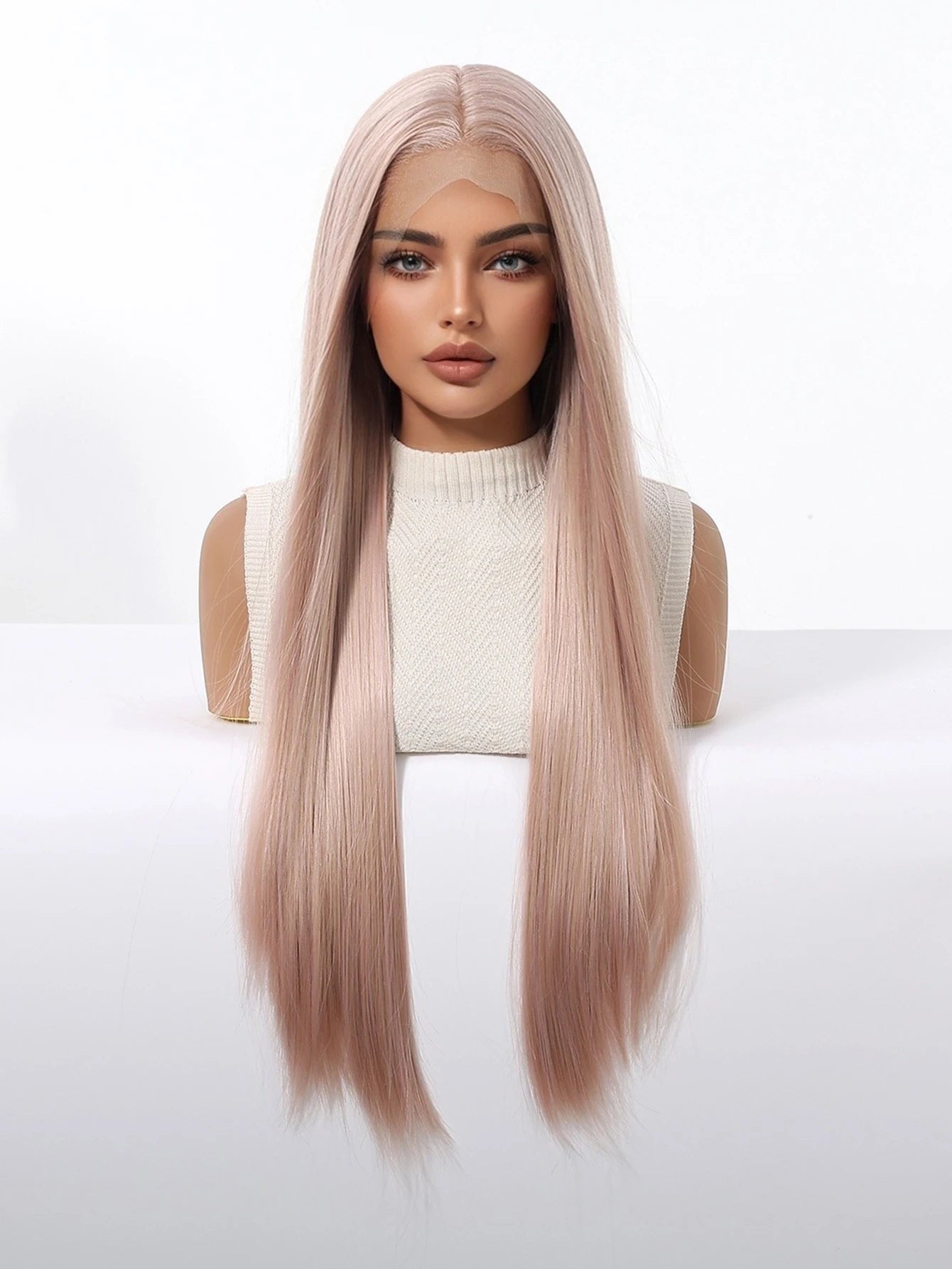Long Straight Ash Pink 13x4 HD Lace Front Wig 30 Inch Glueless Synthetic Transparent Lace Frontal Wigs Pre Plucked Pastel Rose Gold for Women