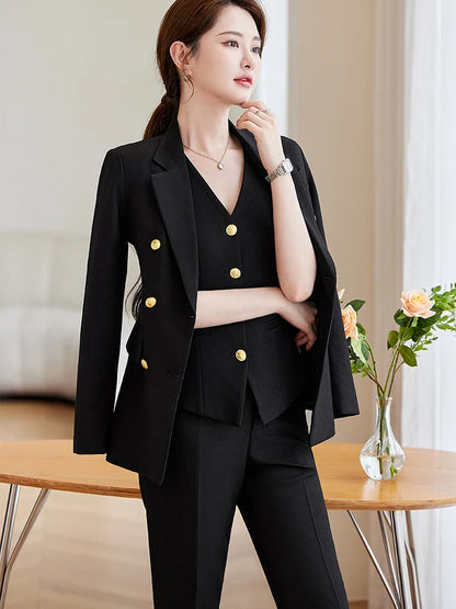 Autumn Winter Women Vest Blazer and Pant Suit Orange Navy Khaki Office Ladies Formal Business Work Career Wear 3 Pieces Set