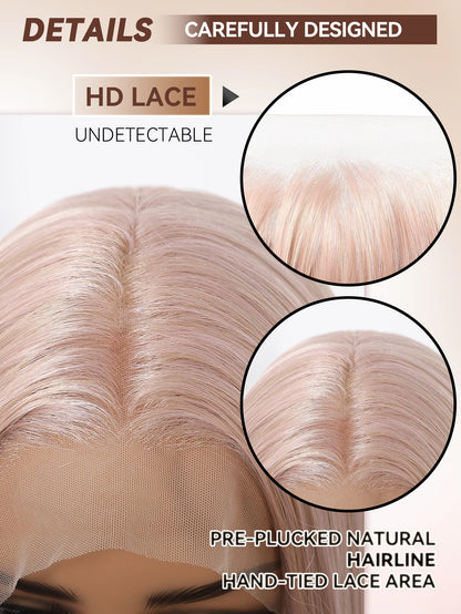 Long Straight Ash Pink 13x4 HD Lace Front Wig 30 Inch Glueless Synthetic Transparent Lace Frontal Wigs Pre Plucked Pastel Rose Gold for Women