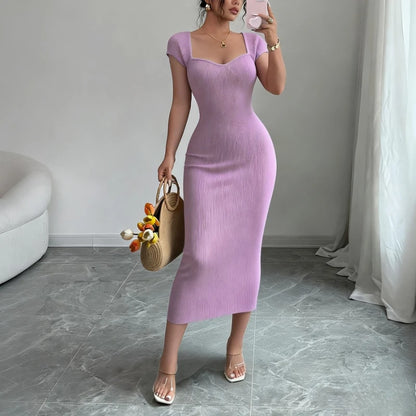 Women's Purple Sweetheart Neck Short Sleeve Stretchy Ribbed Knit Bodycon Midi Dress Summer Beach Vacation Party Long Dress - Kimlud