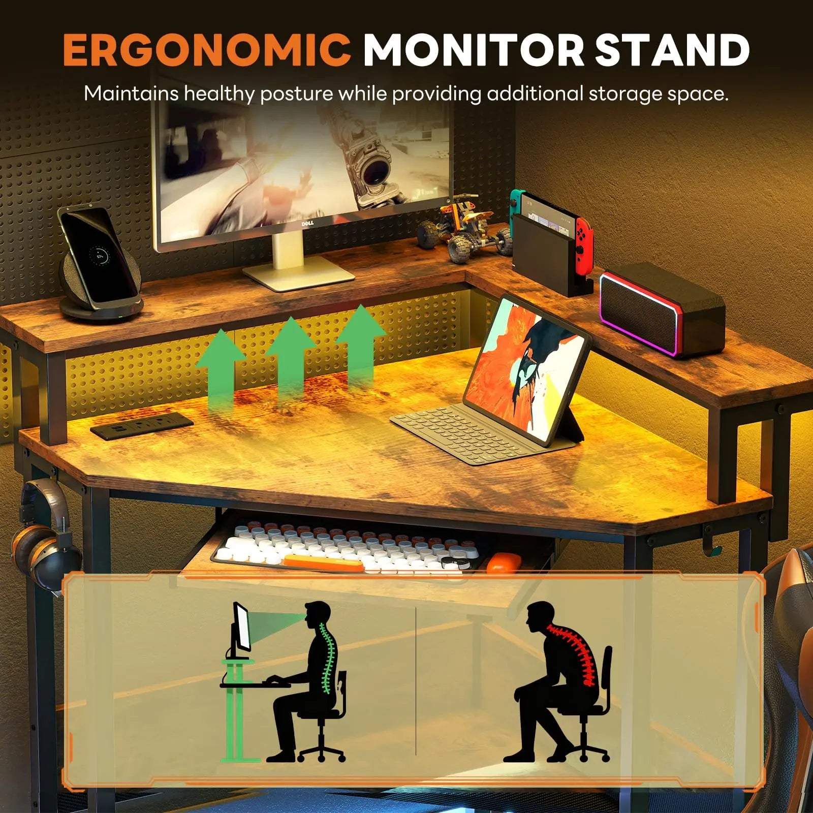 JHK Corner Desk Office Computer Desk for Small Space with LED Lights Gaming Table with Storage Shelves Power Outlets For Home