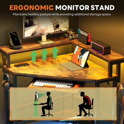 JHK Corner Desk Office Computer Desk for Small Space with LED Lights Gaming Table with Storage Shelves Power Outlets For Home