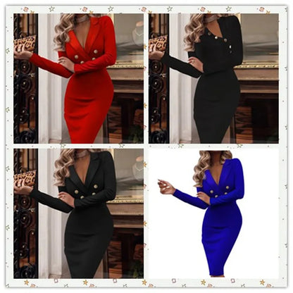 Autumn Winter Women's Solid Color Sexy V-neck Fashionable Double Breasted Suit With Hip Knee Length Dress For Women