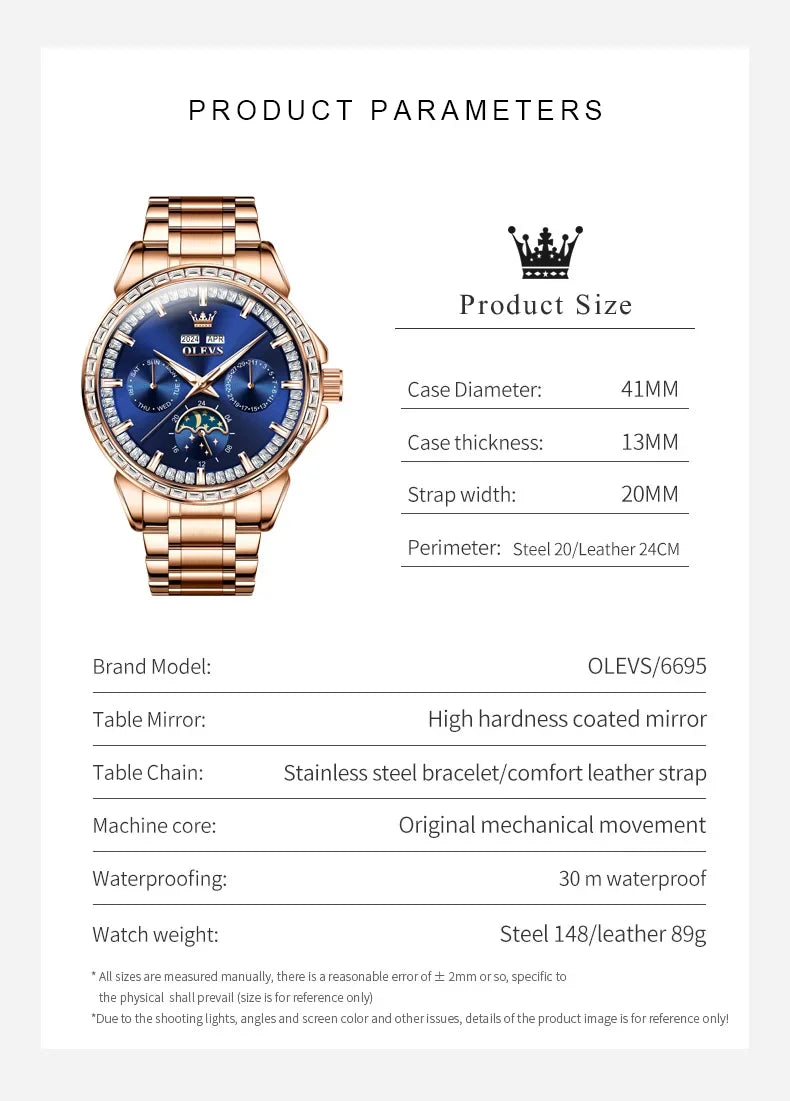 OLEVS 6695 NEW Men's Watches Full Multifunctional Dial Blue Leather Strap Calendar Week Moon Phase Waterproof Wristwatch...