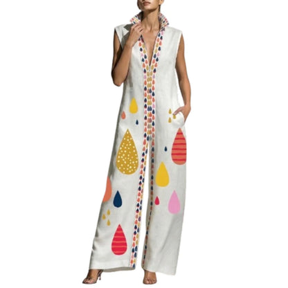 UOOZEE 2026 New Women Summer Bohemian Colorful Printed Zipper Wide Leg Jumpsuits Sleeveless Loose Casual Vacation Lapel...