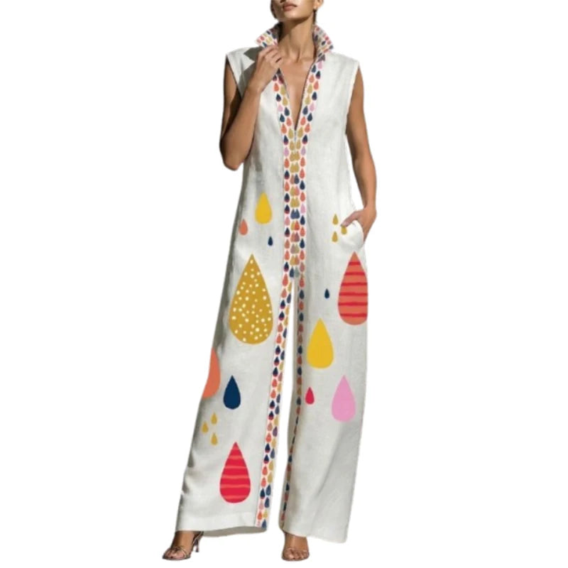 UOOZEE 2026 New Women Summer Bohemian Colorful Printed Zipper Wide Leg Jumpsuits Sleeveless Loose Casual Vacation Lapel...