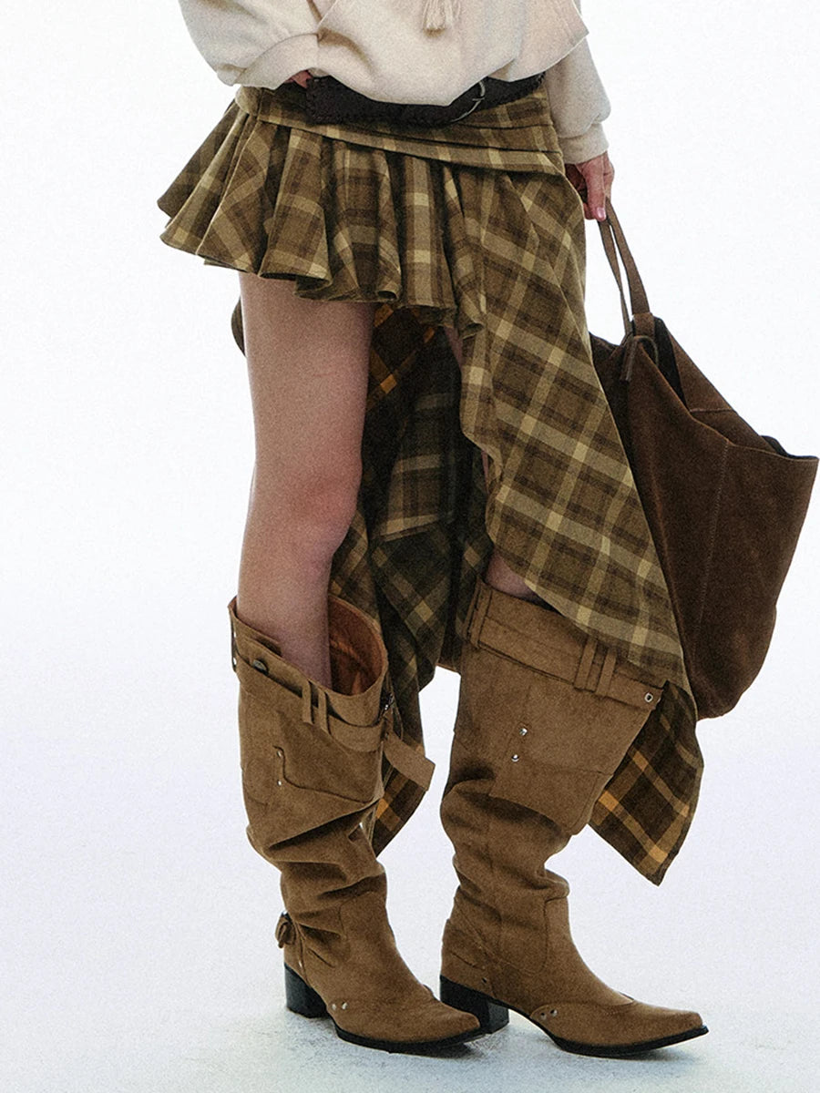 TWOTWINSTYLE Chic Boho Asymmetric High Low Skirt for Women Plaid Tartan Wrap Ruched Waist Handkerchief Hem Ruffle Mini for Daily - Kimlud