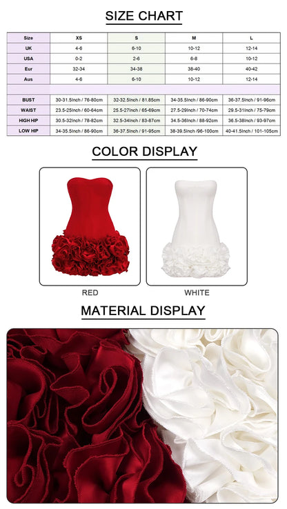 Stereoscopic Flowers Back Laceing Strapless Solid Bandage Mini Evening Dress Sweet Woman Birthday Party Patchwork Lace Up Dress