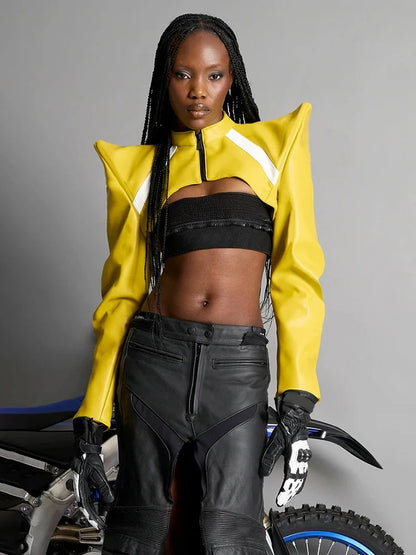 Sisterlinda Leather Zipper Jacket Women Patchwork Shoulder Pads Long Sleeve Sexy Midnight Moto Style Street Hipster Crop Coat
