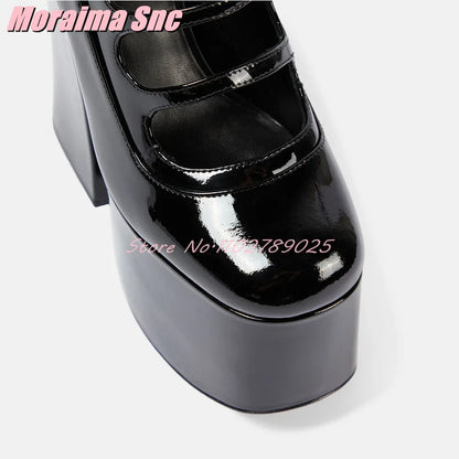 Patent Leather Platform Round Toe Pumps Block Super High Heel Belt Buckle Strap Sexy Fashion Women's Summer Shoes Black Solid