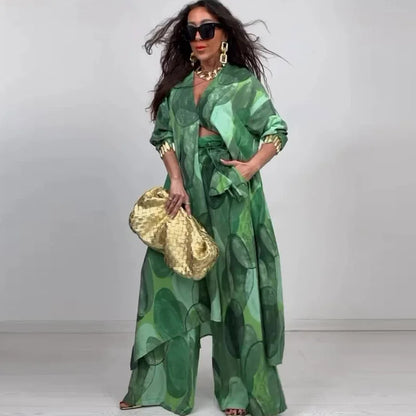 Women Two Pieces Pant Sets Print Cardigan Long Shirts Loose V Neck Button Shirt Spliced Casual Wide Leg Pants Suits Lady
