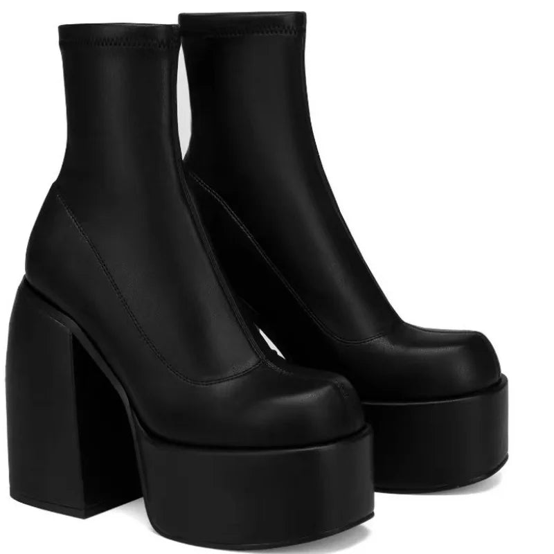 Women New Fashion Short Boots Women Sexy Leather Boot Square toe casual Zipper high heels Casual thick soled women shoes...