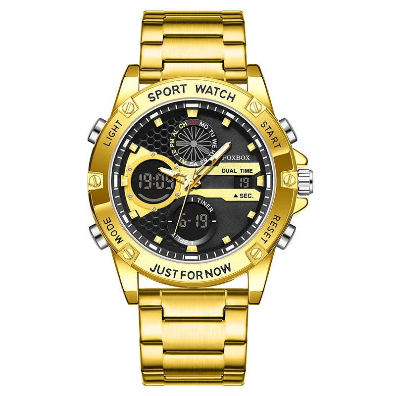 FOXBOX Fashion Men's Luxury Watch Leather Strap Quartz Watches Business Dual Display Waterproof Date Chronograph Man Watch+Box - Kimlud