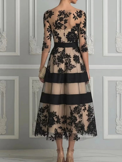 Elegant Women Midi Evening Dress O‑Neck 3/4 Sleeve Black Floral Flocking Tulle Mesh A‑Line Cocktail Party Formal Prom...